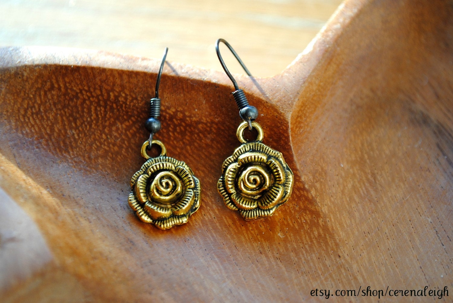 Black and Golden Rose Dangle Earrings