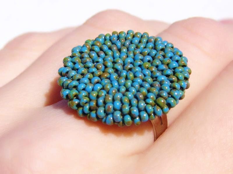Ring beaded adjustable OOAK Turquoise Aqua Olive Picasso