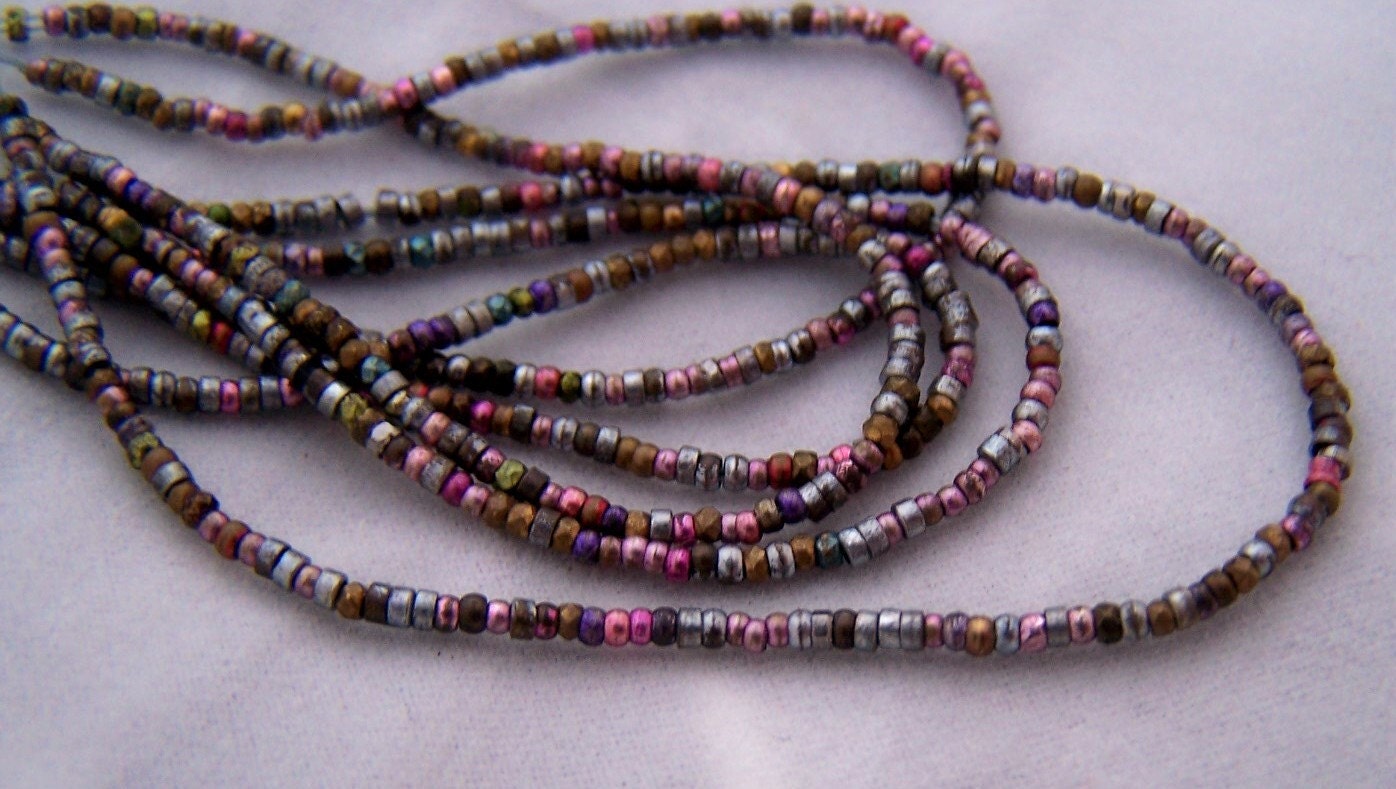 Antique French metal bead strand 20 inches Spring color mix blue pink purple gold
