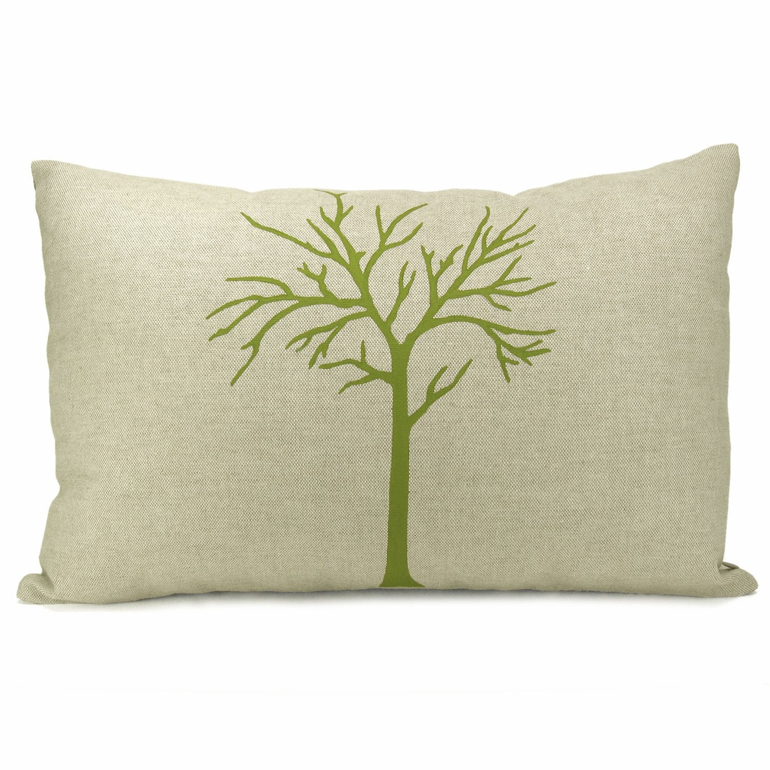 Green Modern Tree on Natural Linen Front And Damask Linen Back Cushion Cover