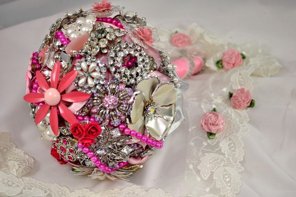 Pink and Silver Brooch Bouquet  - FREE SHIPPING - PTYL1630