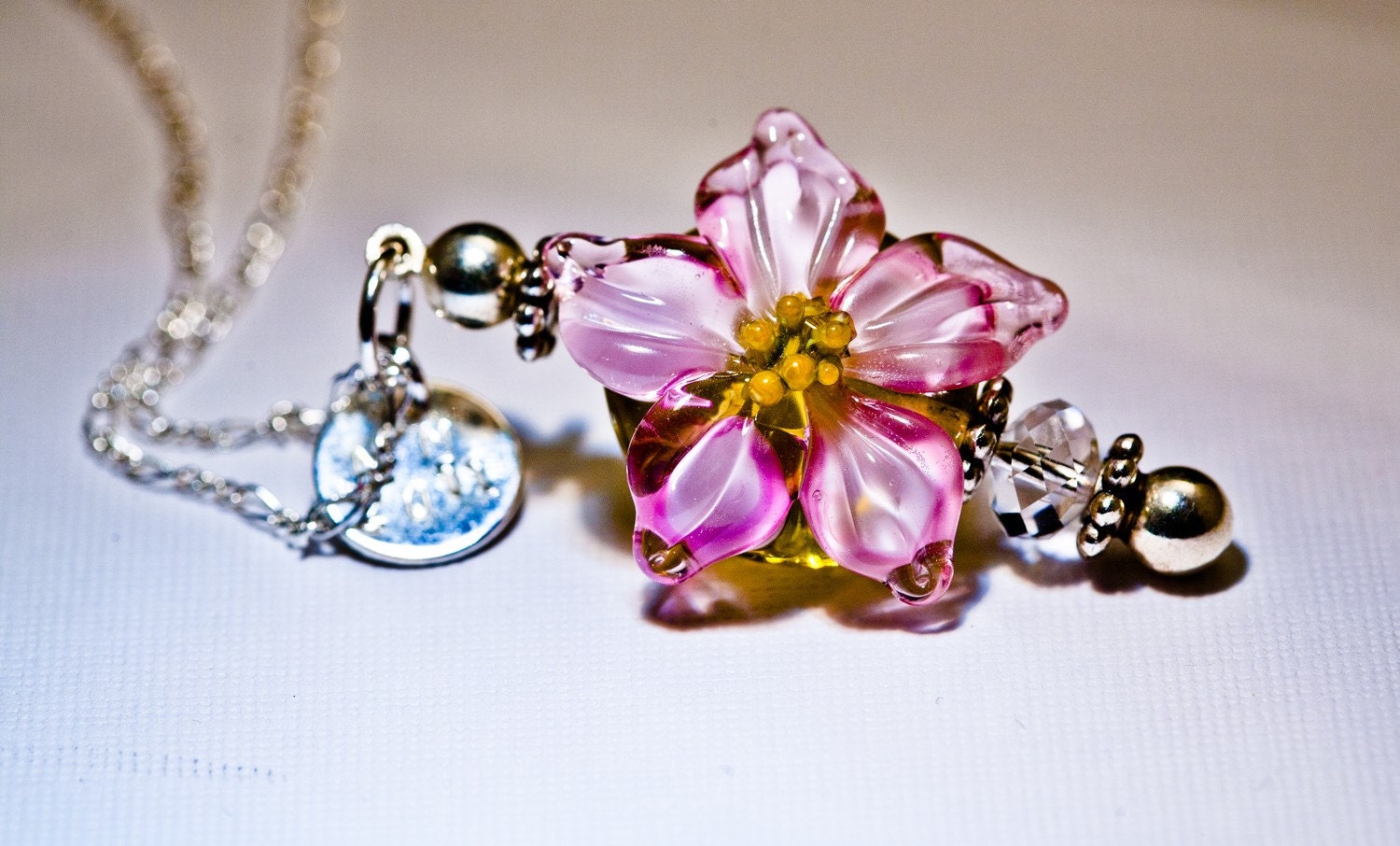 Pink Hibiscus Flower Pendant Necklace SRA Lampwork
