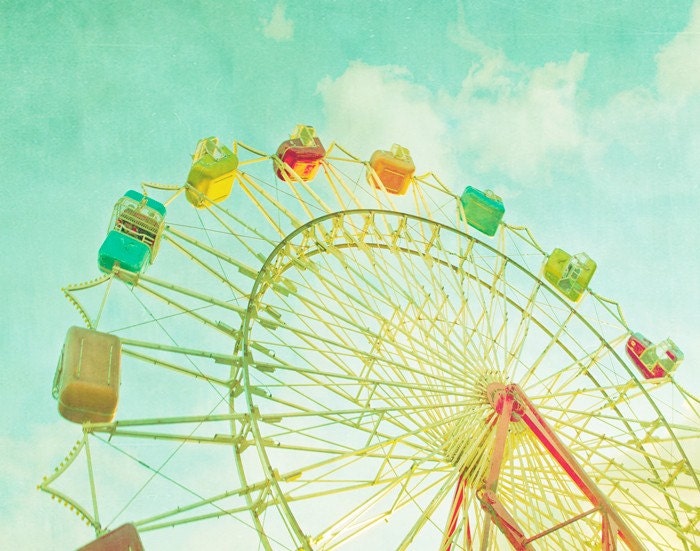I Remember Summer  - muted pastel colors ferris wheel baby blue summer sky yellow red orange turquoise - 5x7 Fine Art Carnival Photo