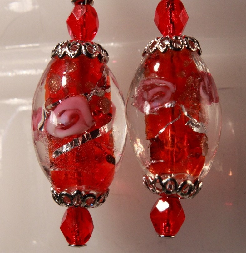 Rose's Roses red lampwork beaded dangle pierced earrings