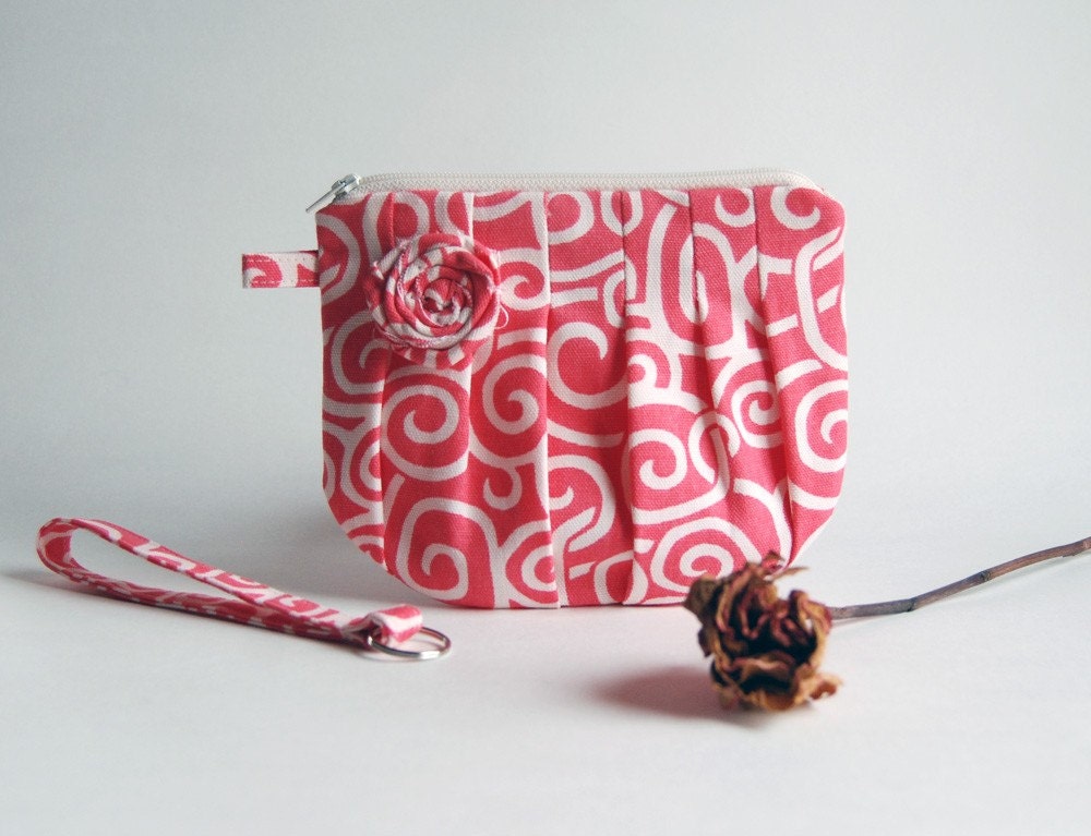 On Sale 15% OFF-Romantic Rosebud pleats in bright coral-pink white zippered pouch, purse, clutch, wristlet by Lolos