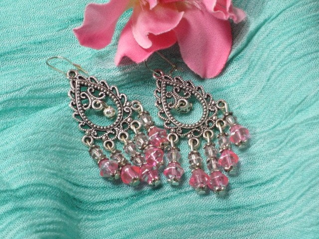 The Sighs of Your Heart - Pink and Silver Dangle Chandelier Earrings