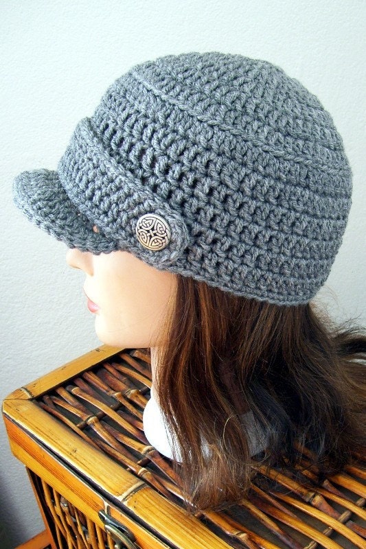 Newsboy Hat Crocheted Grey with Celtic Buttons UNISEX