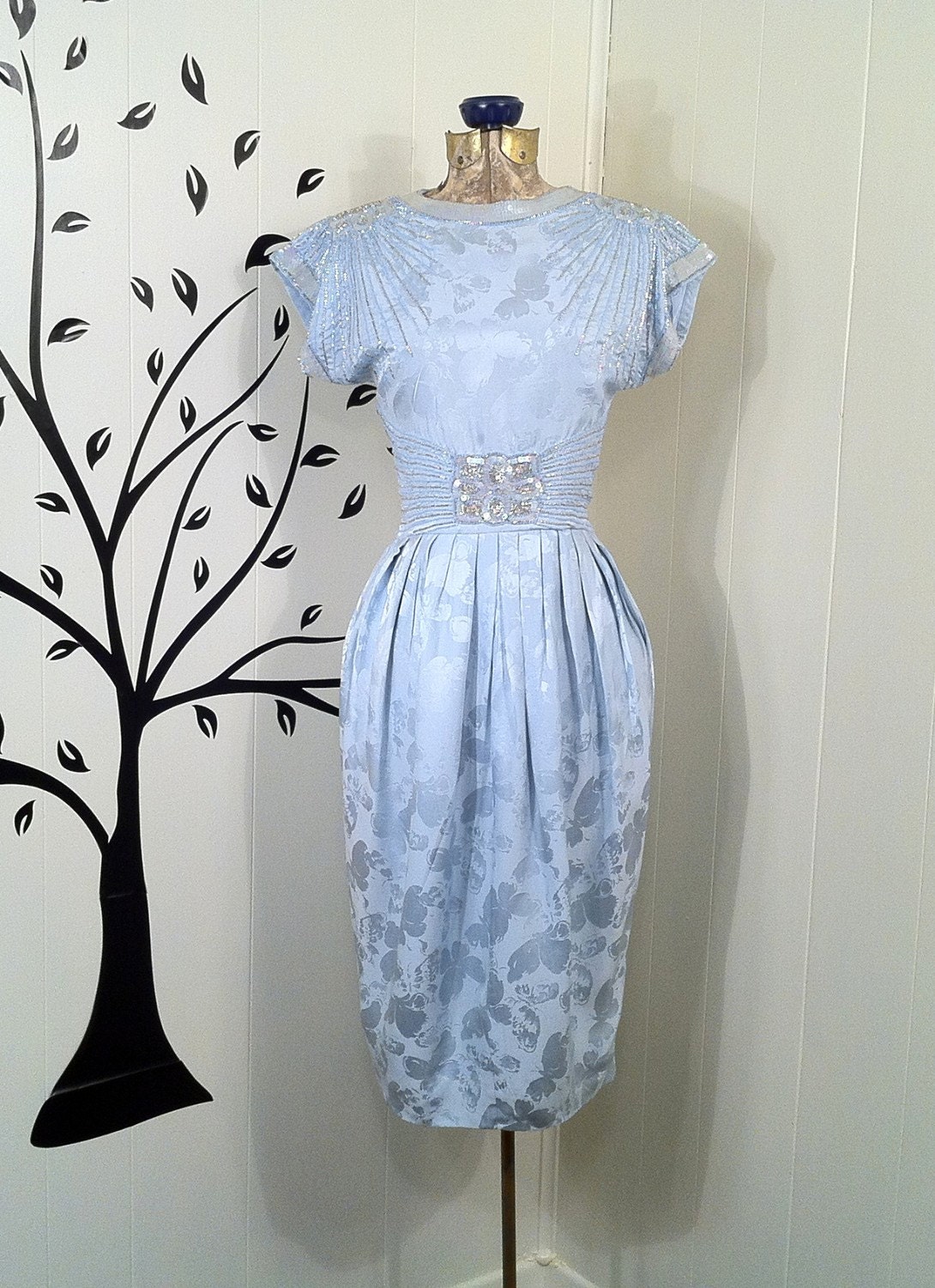 Retro 80s Silk Cocktail Dress - Beading and Sequins - Sexy Wiggle - Light Blue - Subtle Floral Pattern - Open Back - Stunning