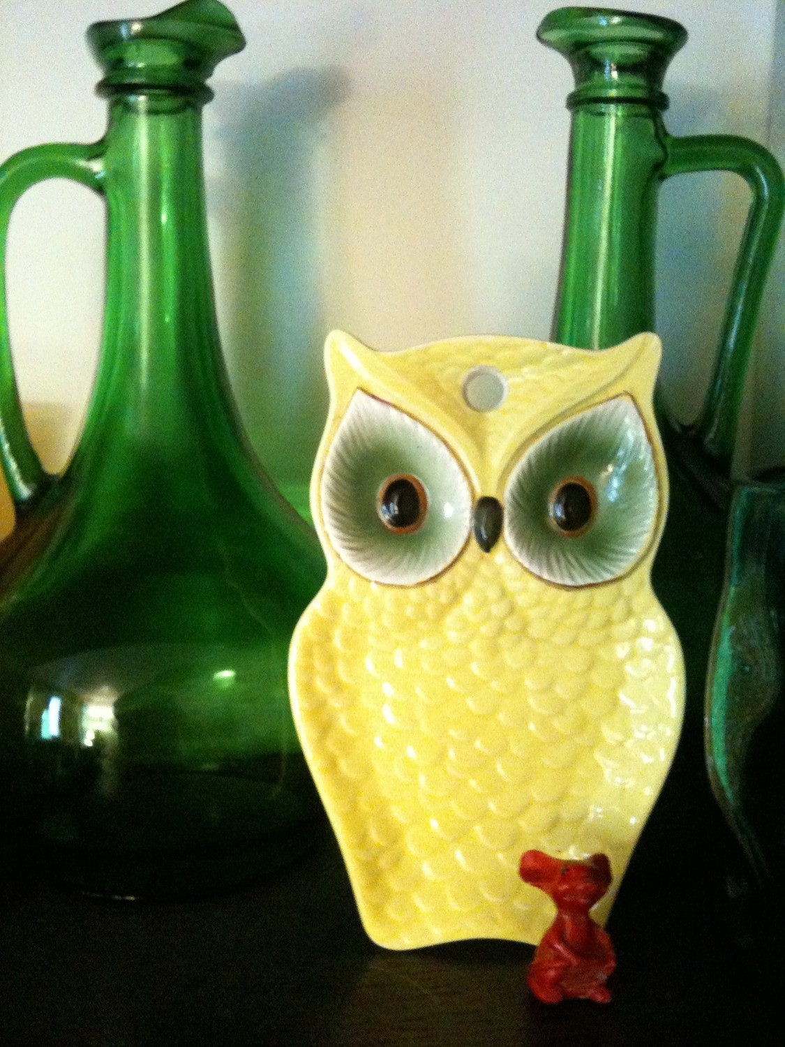 Vintage Yellow & Green Owl Ceramic Spoon Rest