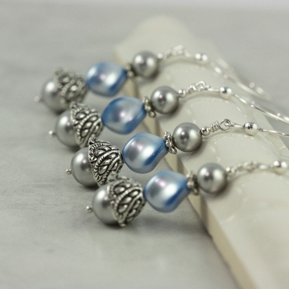 Gray and Baby Blue Pearl Bridal Earrings by abacusbeadcreations light blue 