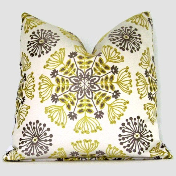 Gray and Citron Yellow Stylized Floral Print Pillow Cover 18x18