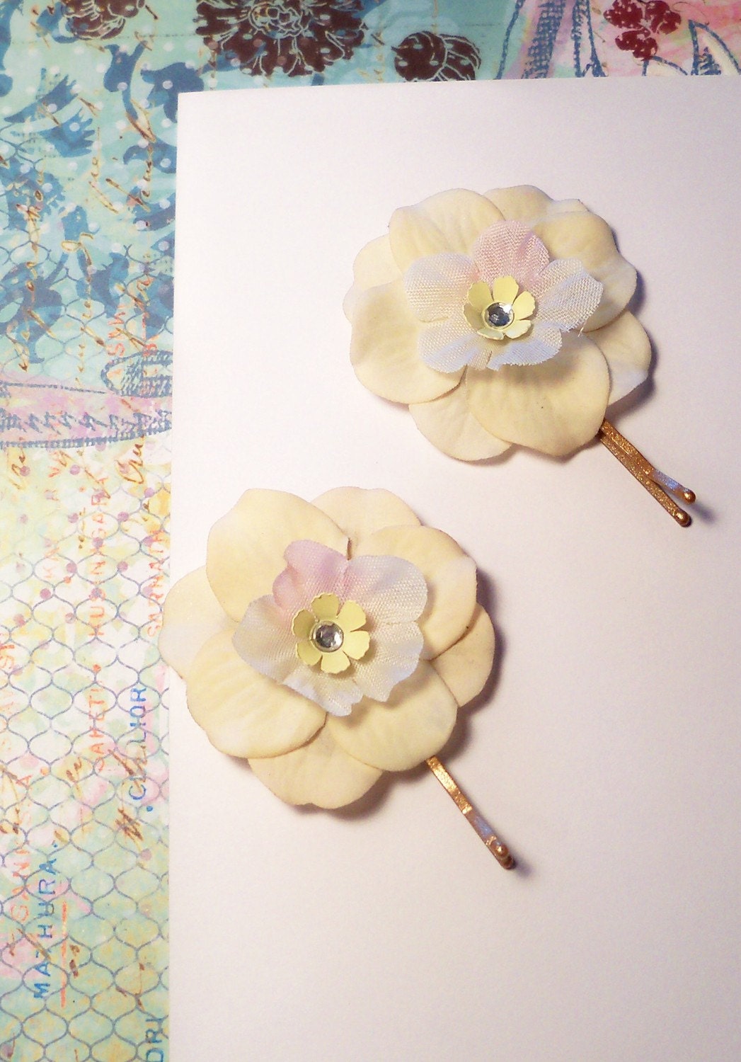 Cream, White and Pale Pink Flower Hair Clips Bobby Pins