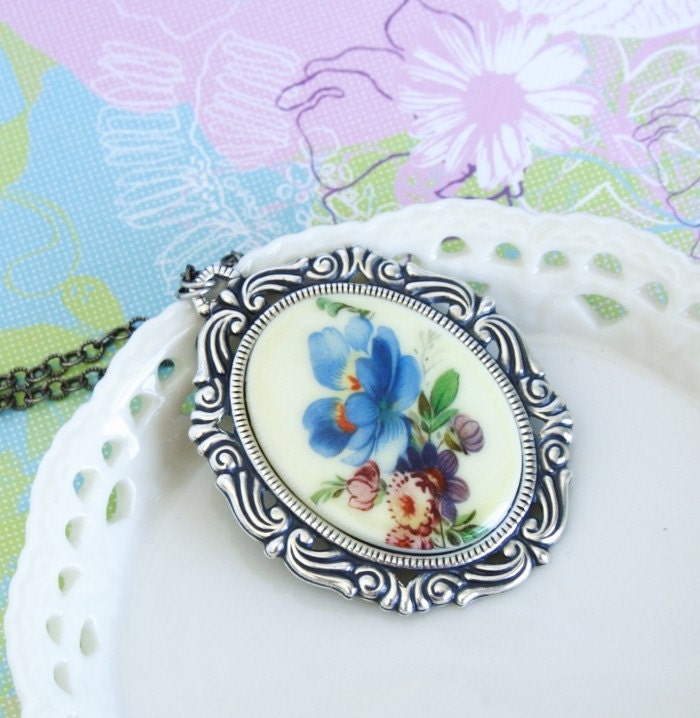 Vintage Blue and Purple Floral Cameo Necklace