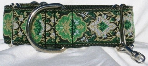 1.5 inch Greyhound Martingale dog collar w/TAG--Persian Crests-Green