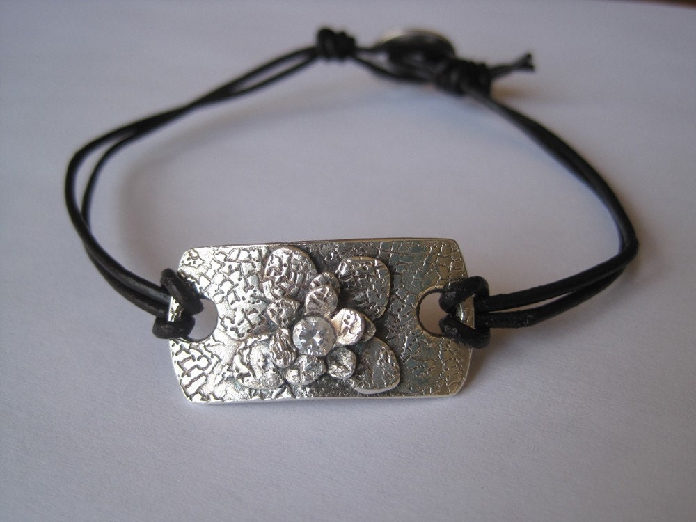 Floral and Diamond CZ Leather Anklet