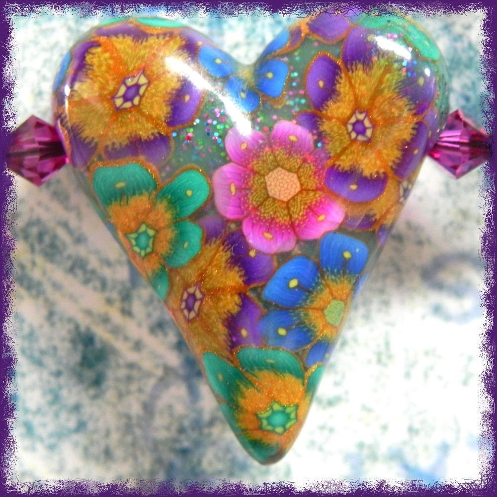 Bohemian Flower Heart Swing Necklace - Polymer Clay Heart