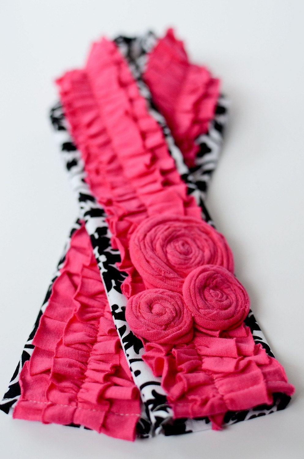 Black and White Damask Camera Strap with Pink Ruffle and Rosette
