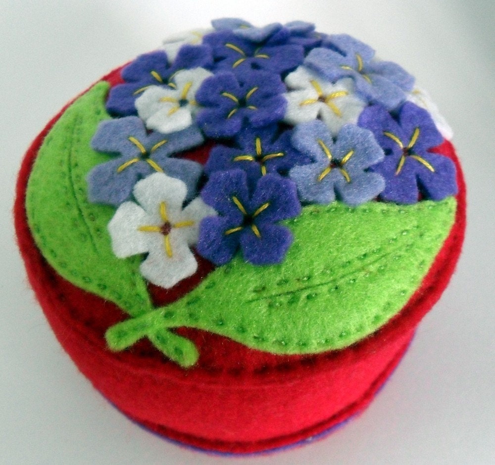 Lovely Lilac handsewn embroidered on red felt pincushion