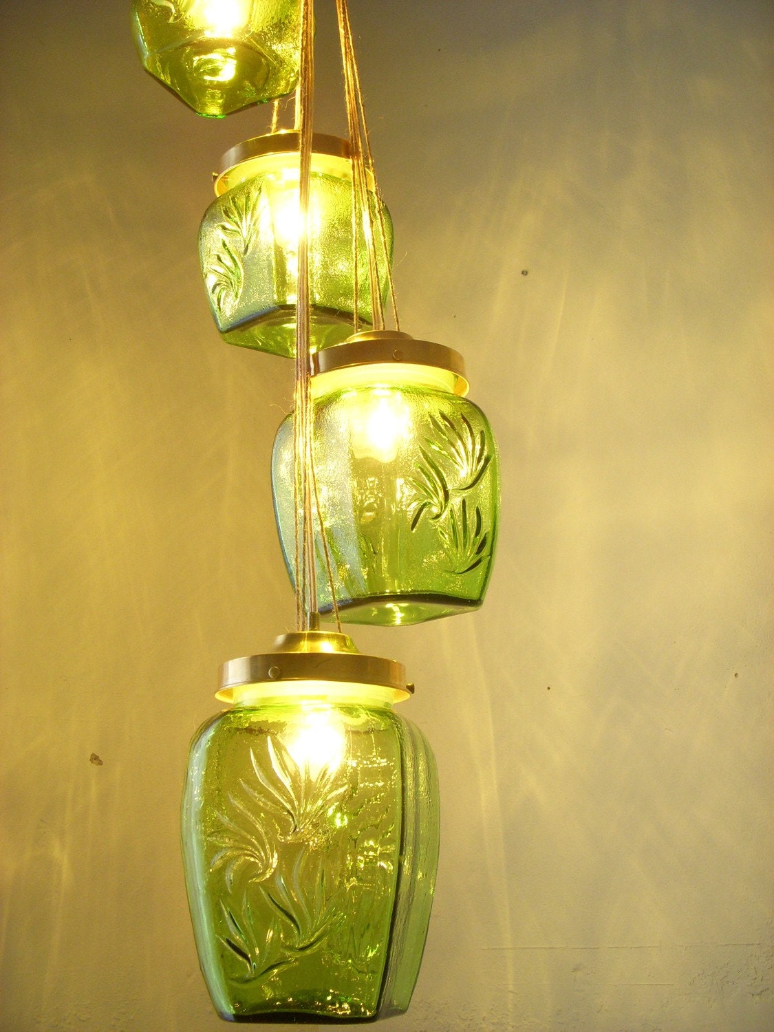 Spring Mornings Moss Green Glassware Natures Woodlands Splendor Swag Summer Nights Chandelier Hanging Pendant Lighting Fixture Lights - UpCycled ReCycled Swag Light - Wedding - Party - Holiday