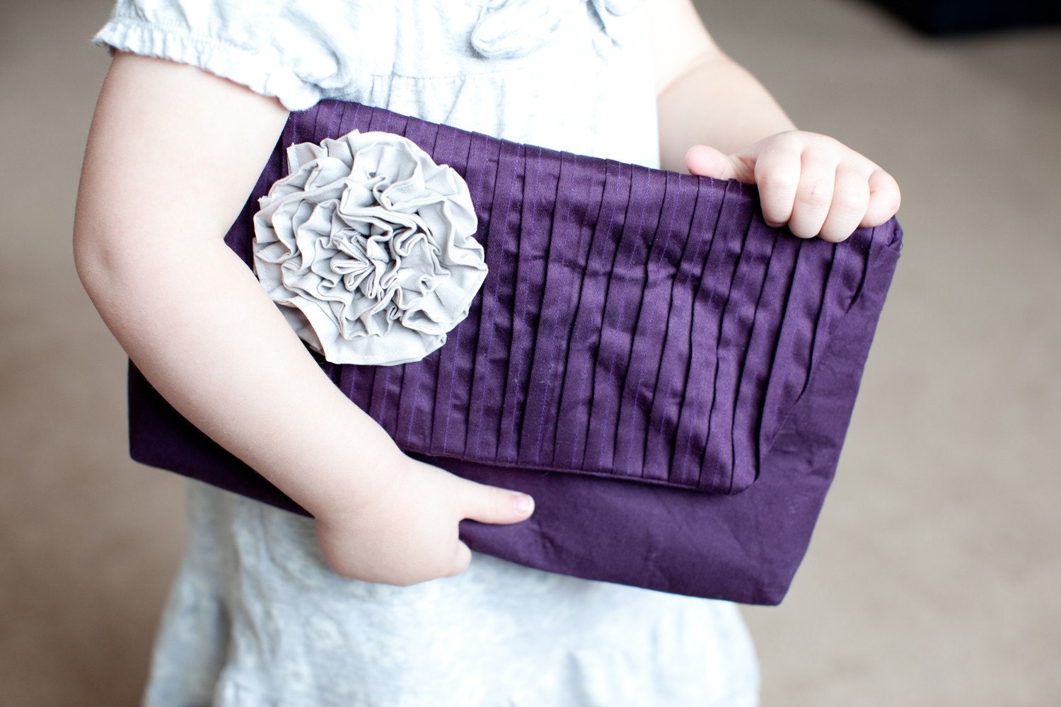 Pleated Ruffle Rosette Clutch in Eggplant Cotton