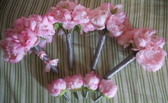 8 Pc. Pink Peony Bouquet Set With Silver/Gray Ribbon