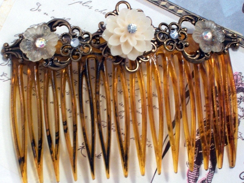 Ivory Cream Dahlia Flower and Antique Brass Hair by malves1009 flower 