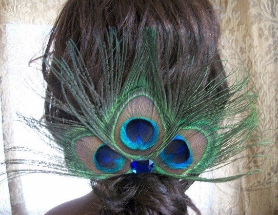 Large Peacock Hair Clip With Blue Rhinestone