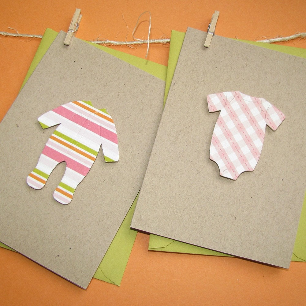 recycled baby laundry note set - pink and chartreuse onesies and sleepers on 100% reycled kraft stock