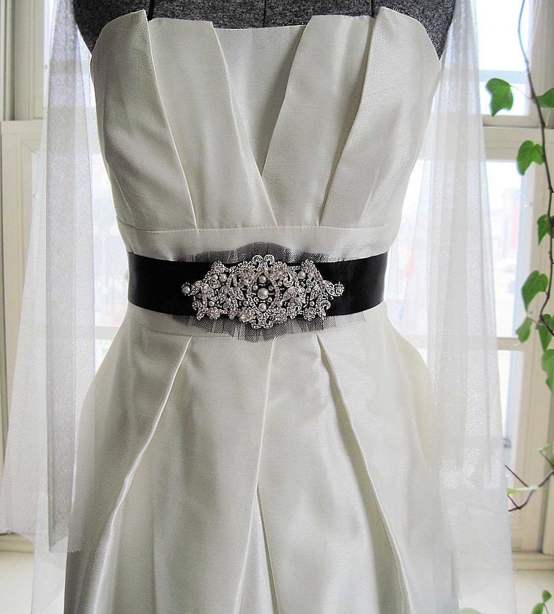 Rhinestone and Pearls bridal sash in black