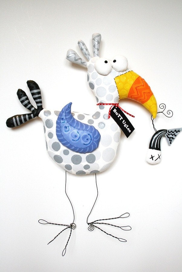 SeaguLL named Godin ... Whimsical WaLL arT ... With Dead Fish ... grey polka dots
