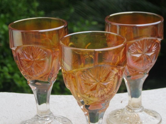 Set of 3 Margold Carnival Glasses - Rare Small Footed Glasses with Starburst Pattern