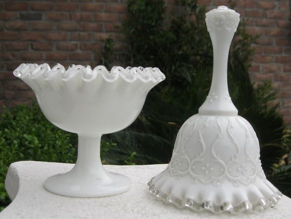 2 Fenton Silvercrest Milk Glass Pieces - Spanish Lace Bell and Footed Compote Candy Dish