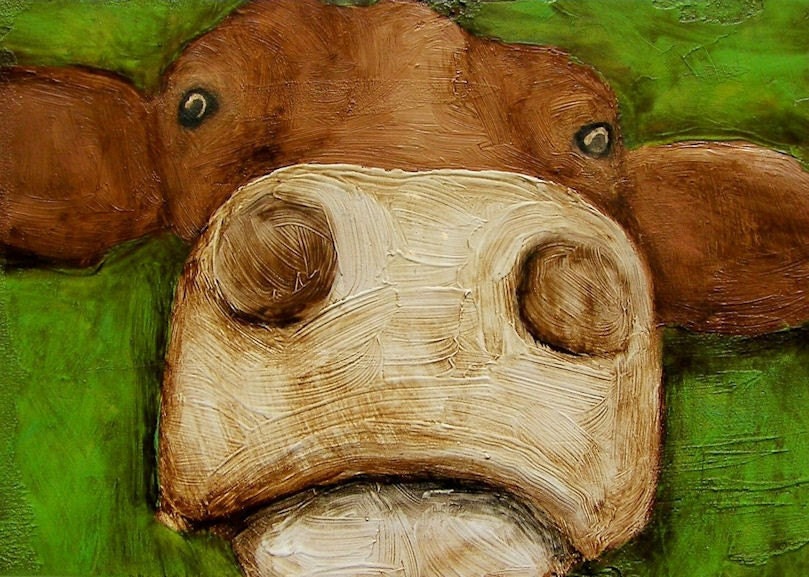 5 x 7 IN - "Commencing Count Down" - Cow Farm Folk Art Giclee print from my original painting