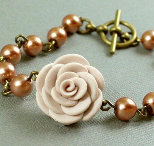 Hand Sculpted Cream Flower And Champagne Pearls - Antiqued Brass Bracelet
