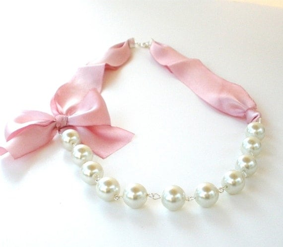 Pearl necklace in  ivory white and pink  silk bow - bridal party - bridesmaids jewelry