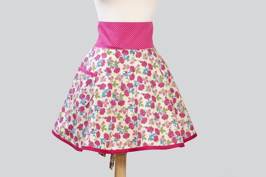 Waist  Apron - Half Apron in Mackinaw Island Turquoise Blue and Hot Pink Floral
