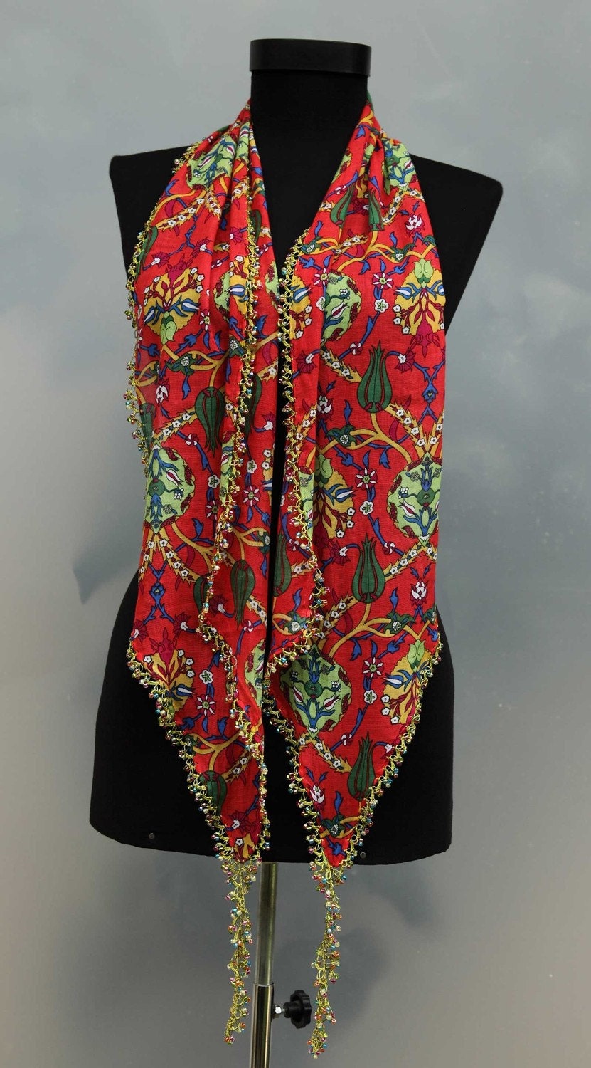 yazma - from Turkey - scarf framed with bead-work on all sides - FREE SHIPMENT - 032-03