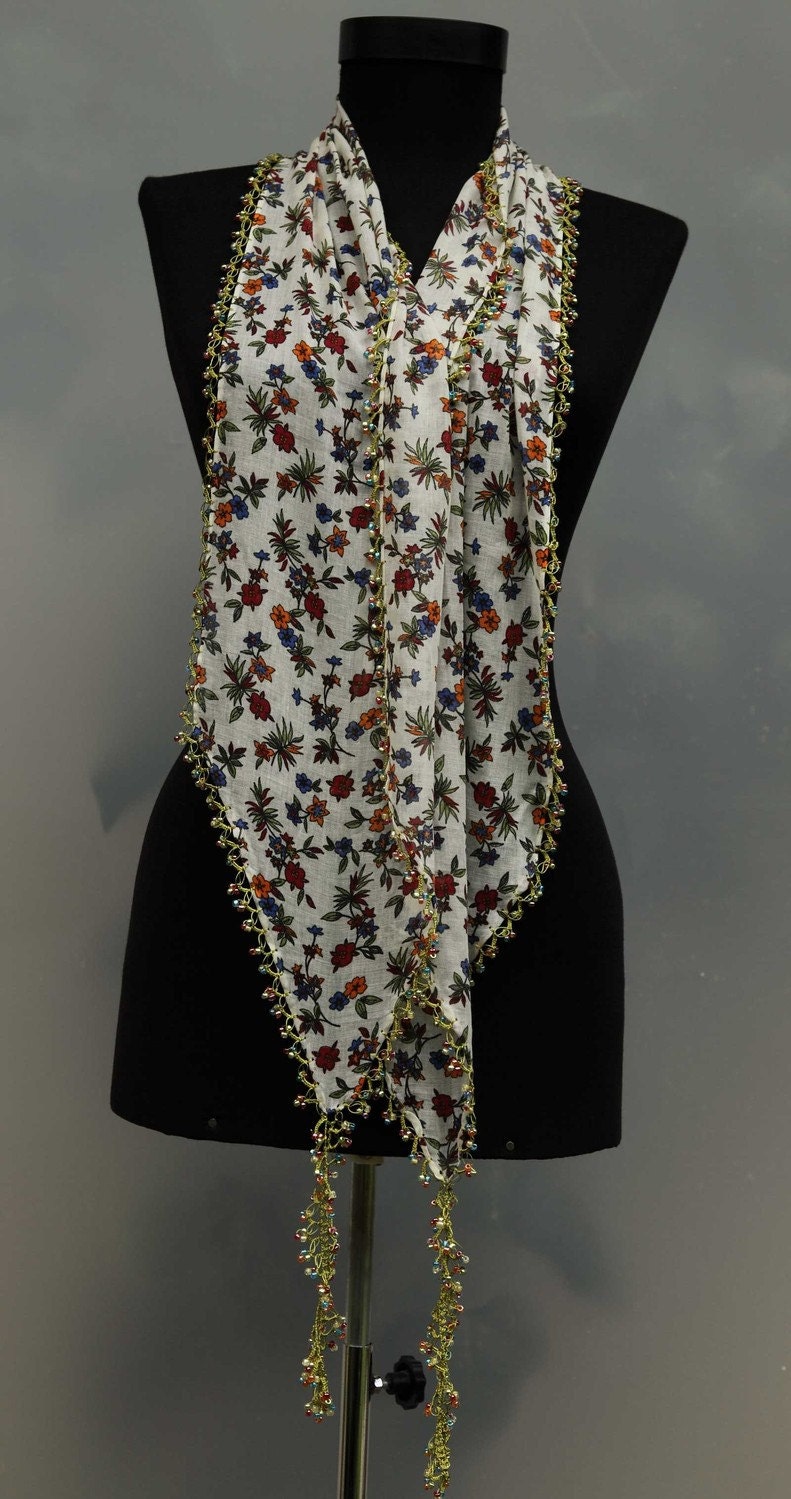 yazma - from Turkey - scarf framed with bead-work on all sides - FREE SHIPMENT - 034-05
