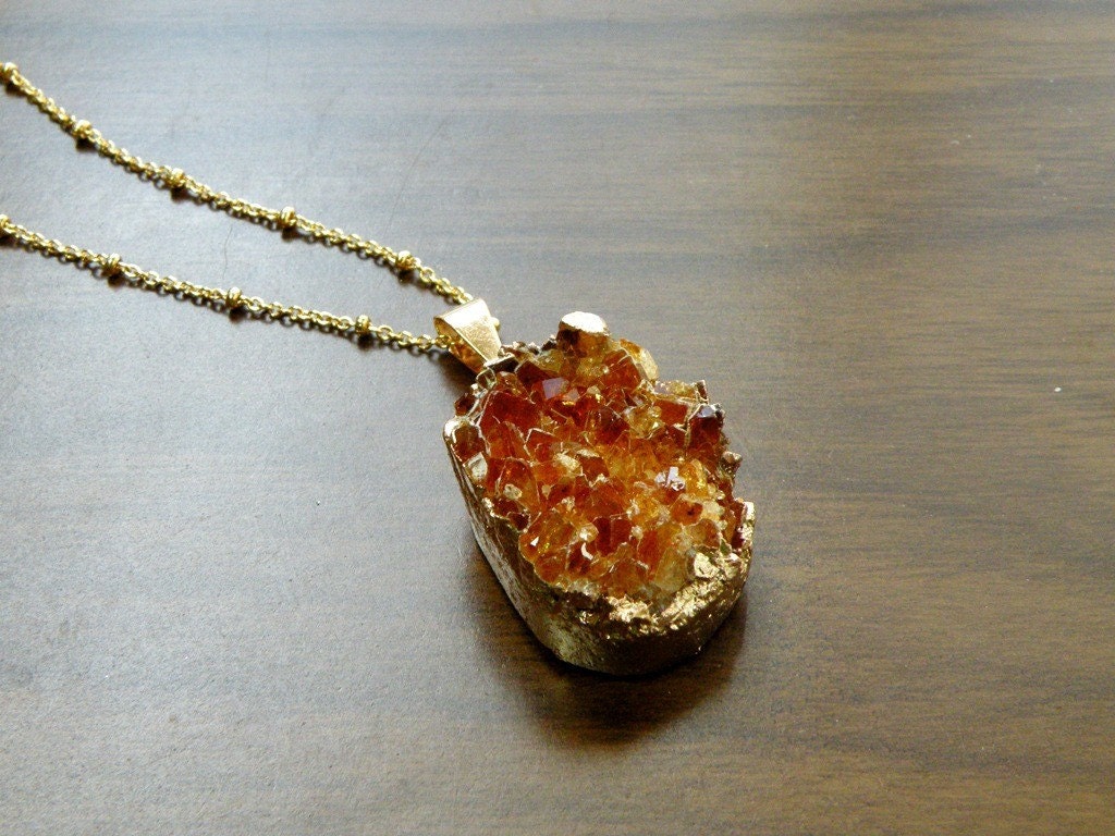 Natural Citrine Druzy Pendant with Gold Chain