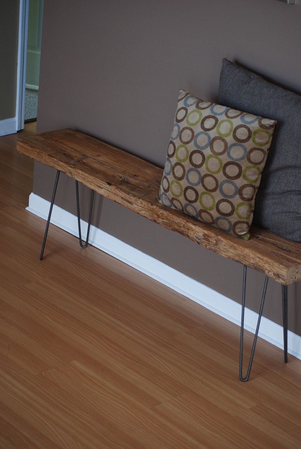 Modern Industrial rustic wood bench with mid century styled steel hairpin legs