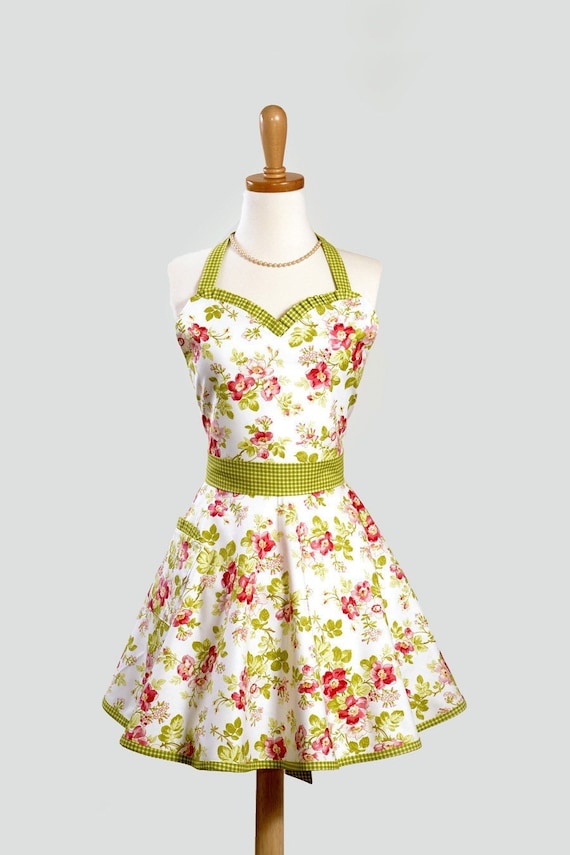Womens Sweetheart Hostess Apron , Retro Ruffled Sweetheart in Spring Apple Blossom Green and Pink