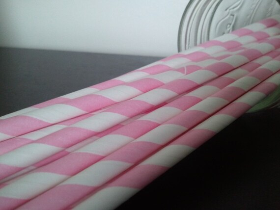 25 Pink Striped Paper Straws