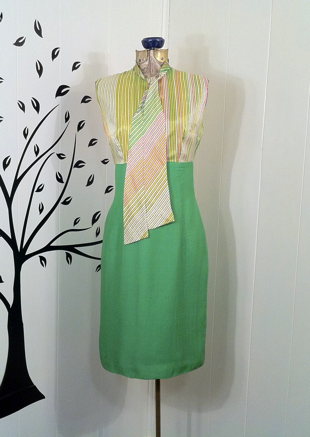 Vintage ELINOR PORTER 1960s Green Striped Secretary Dress