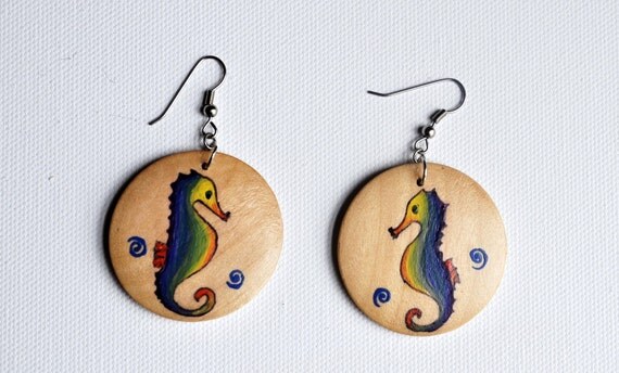 Beach series - Seahorses - hand painted wood dangle earrings