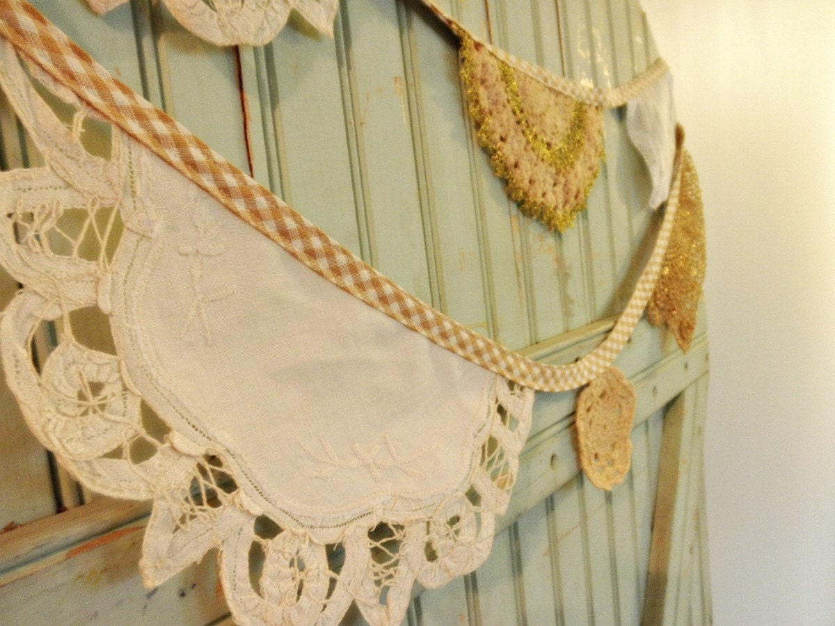Romantic Vintage Doily Bunting - Garland - 12 Feet of Spring Lace Flags Organic Gingham