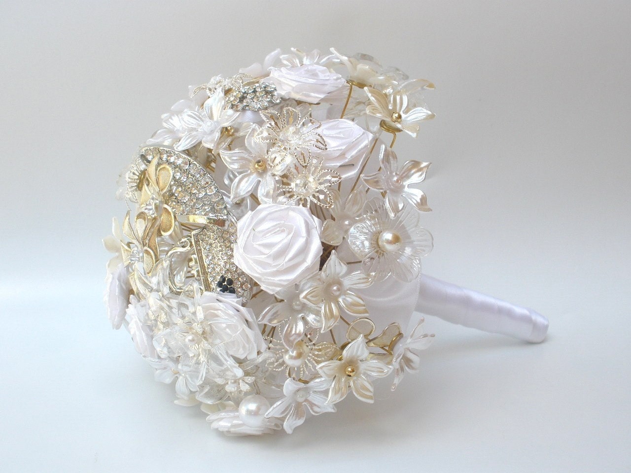 Wedding Bridal Bouquet made with silk flowers silver metal flowers 