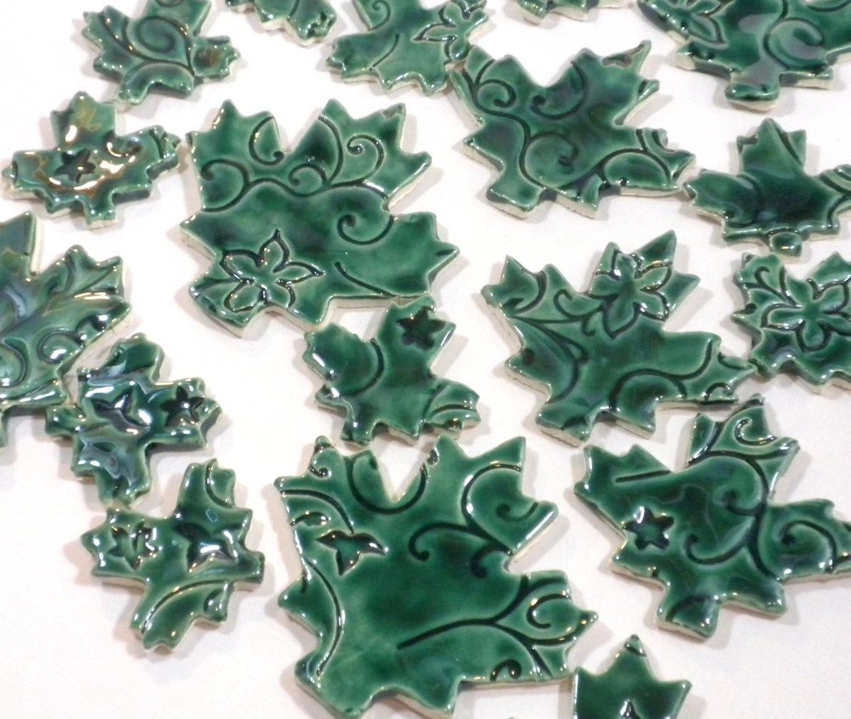 Maple Leaves with Vines and Flowers -  Dark Green - Embossed Handmade Ceramic Mosaic Tiles