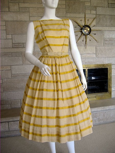 Vintage 50s 60s Dress Mustard Gingham Stripe XS 25" waist