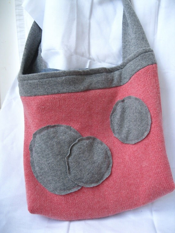 Messenger Bag Purse--"This Used to be A Sweater"---- Upcycled Cashmere Cotton and Wool Bag with Cotton Liner  and Appliqued Wool Circles  Coral Peach and Gray Grey
