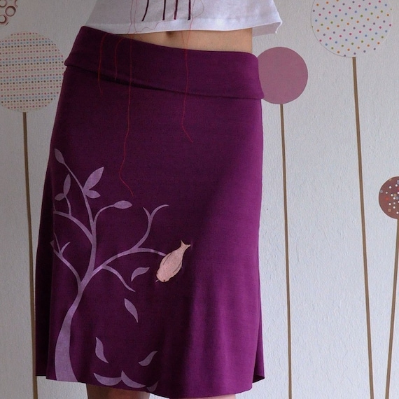 Plum Knee Length Skirt with my Drawing-The bird and the falling leaves-size Large